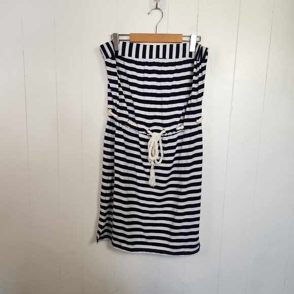 St Tropez Navy White Nautical Stripe Beach Swim Cover-Up Dress Size Large - Picture 1 of 9